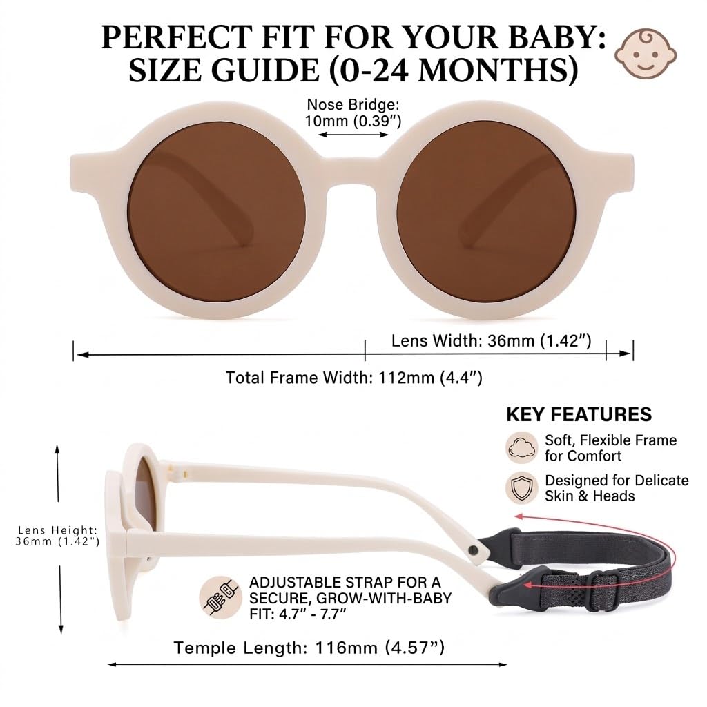 COASION Baby Polarized Round Sunglasses Flexible Rubber Shades with Strap for Toddler Newborn Infant Ages 0-24 Months (Pink/Brown + White/Brown)