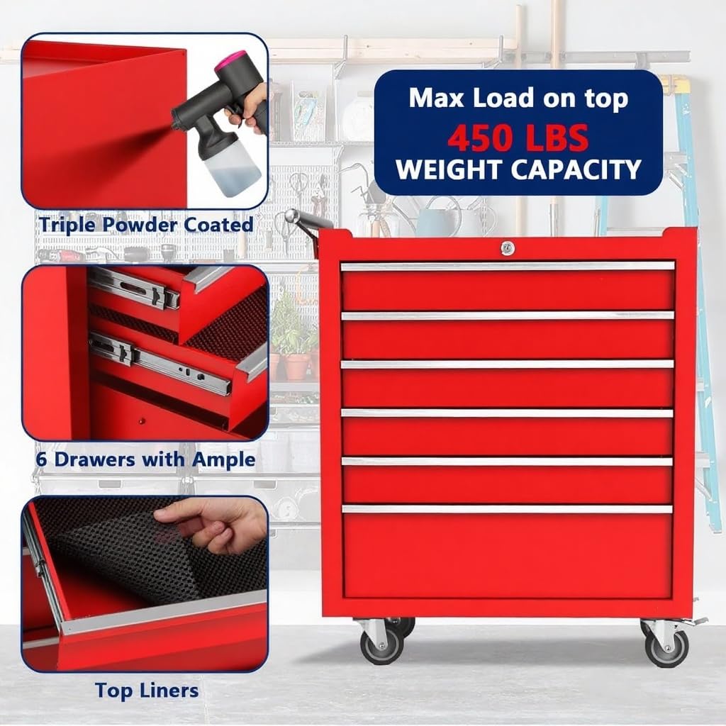 GarveeTech 6-Drawer Tool Chest, Rolling Tool Box with Wheels and Lock System, Portable Storage Rolling Tool Chest for Warehouse, Workshop & Repair Shop, Red