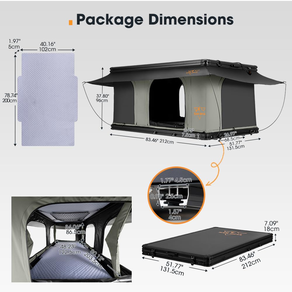 SanHima Rooftop Tent Hard Shell - Gibb Overland Aluminium Roof Top Tent 360° View, w/Tri-Color LED Strip Light & 1.97” Thick Mattress, for Car SUV Truck Camping, 2-3 People