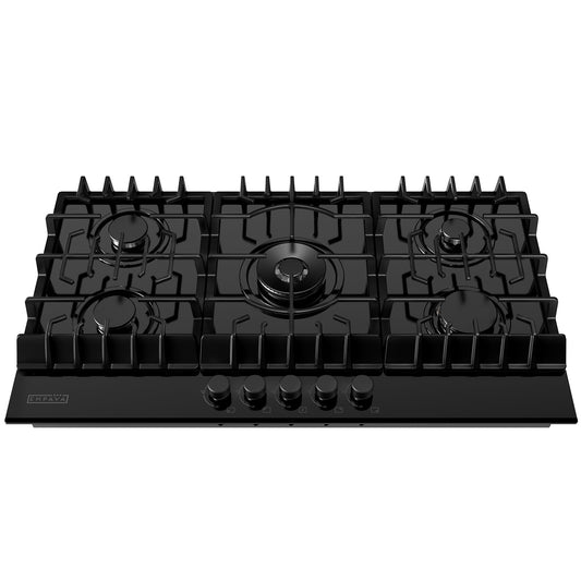 Empava 36" Gas Stove Cooktop NG/LPG Convertible with 5 Italy Sabaf Sealed Burners in Black Tempered Glass