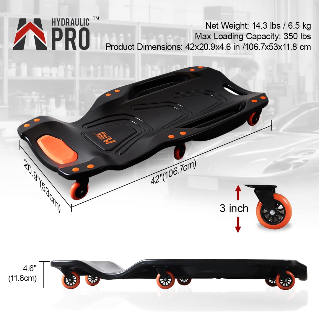 HYDRAULIC PRO 42" Mechanic Creeper with 6 Swivel Casters, Ergonomic Car Creeper with 2 Soft Pads, 350LBS Capacity Low-Profile Design & 2 Tool Trays for Automotive and Garage Repair