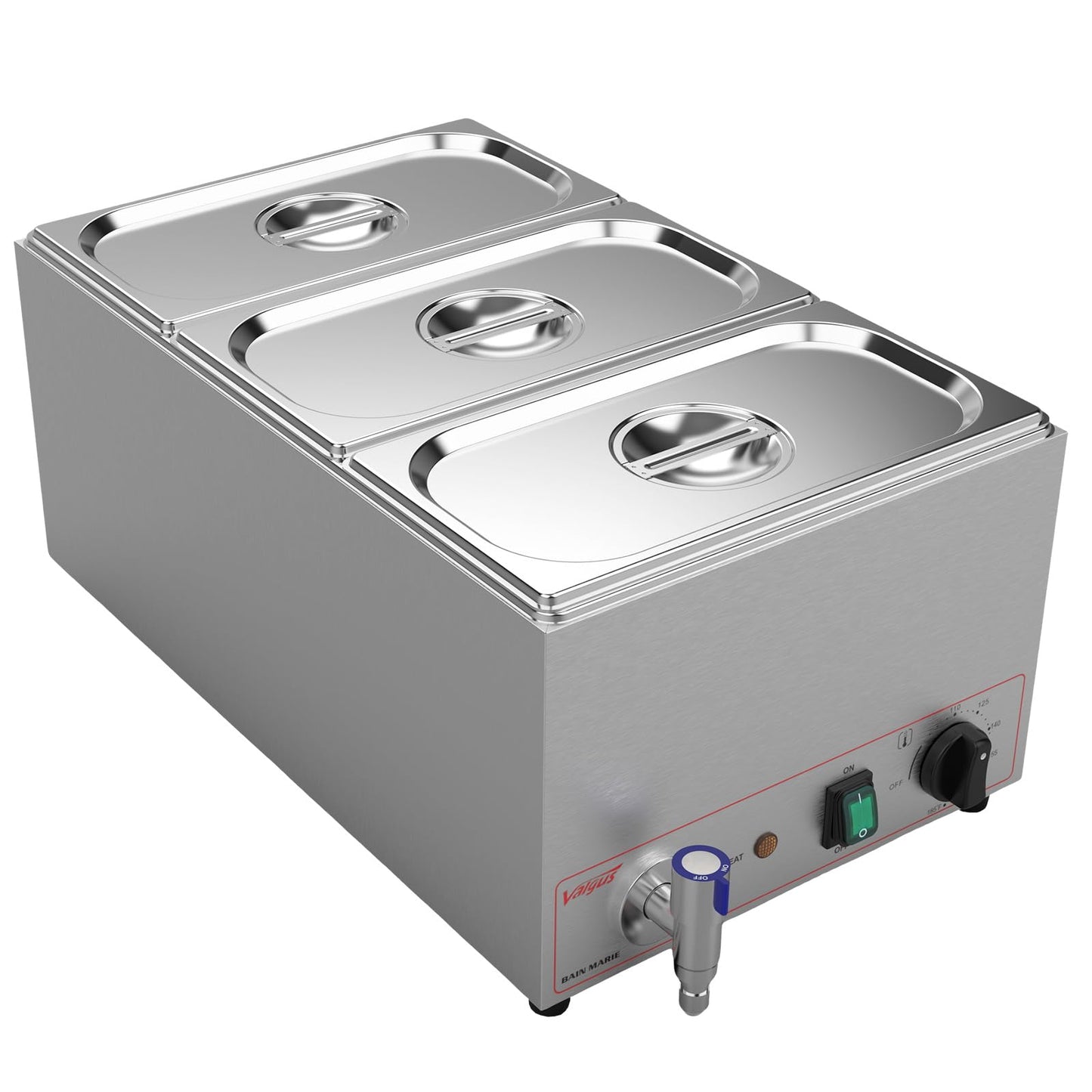 Valgus Commercial Grade Stainless Steel 3 Sections 17 Qt Bain Marie Food Warmers Electric Countertop Steamer with Lid and Tap for Parties, Banquet and Catering Events