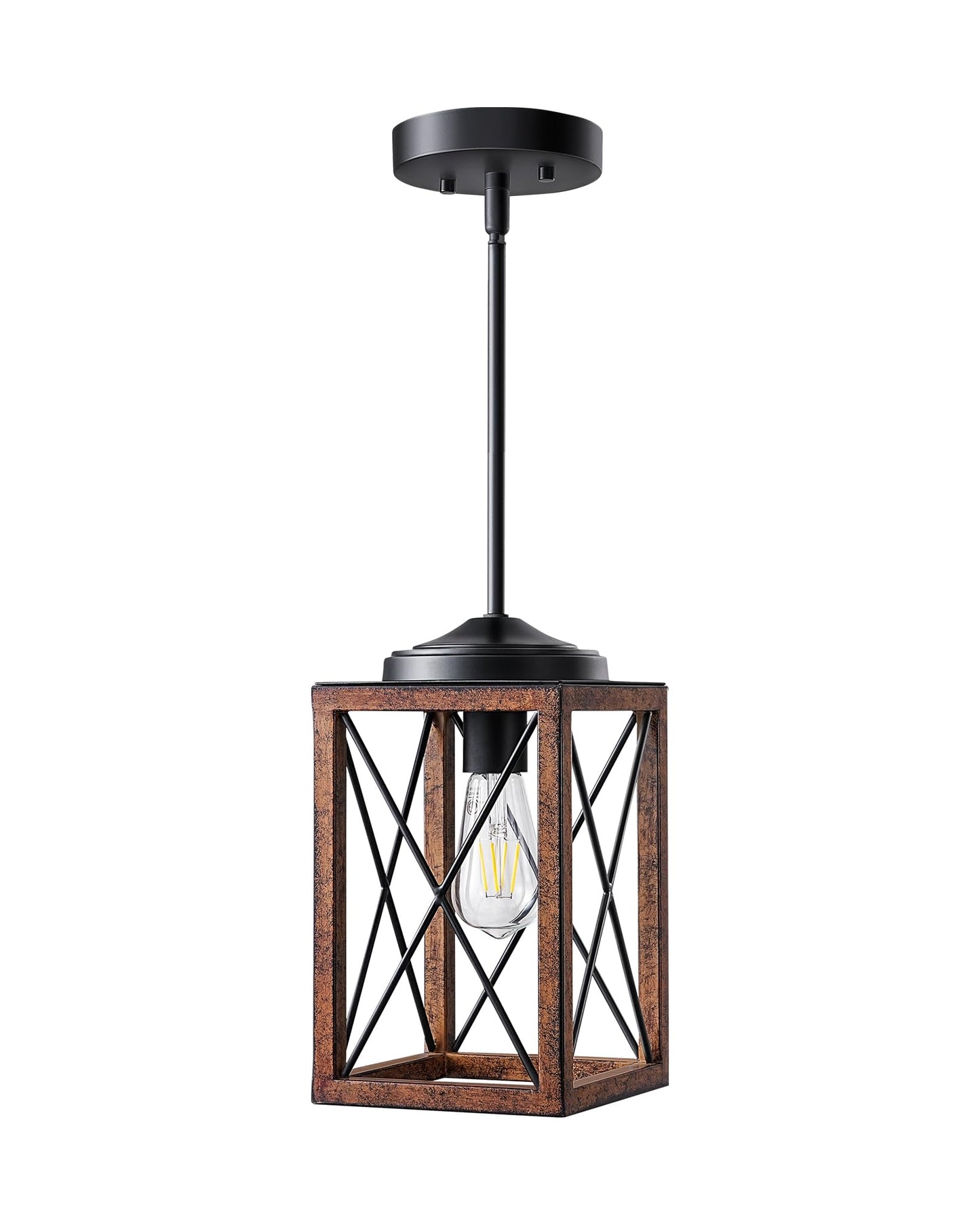 DEWENWILS Farmhouse Pendant Light, Metal Hanging Light Fixture with Wooden Grain Finish, 48 Inch Adjustable Pipes for Flat and Slop Ceiling, Kitchen Island, Bedroom, Dining Hall, E26 Base