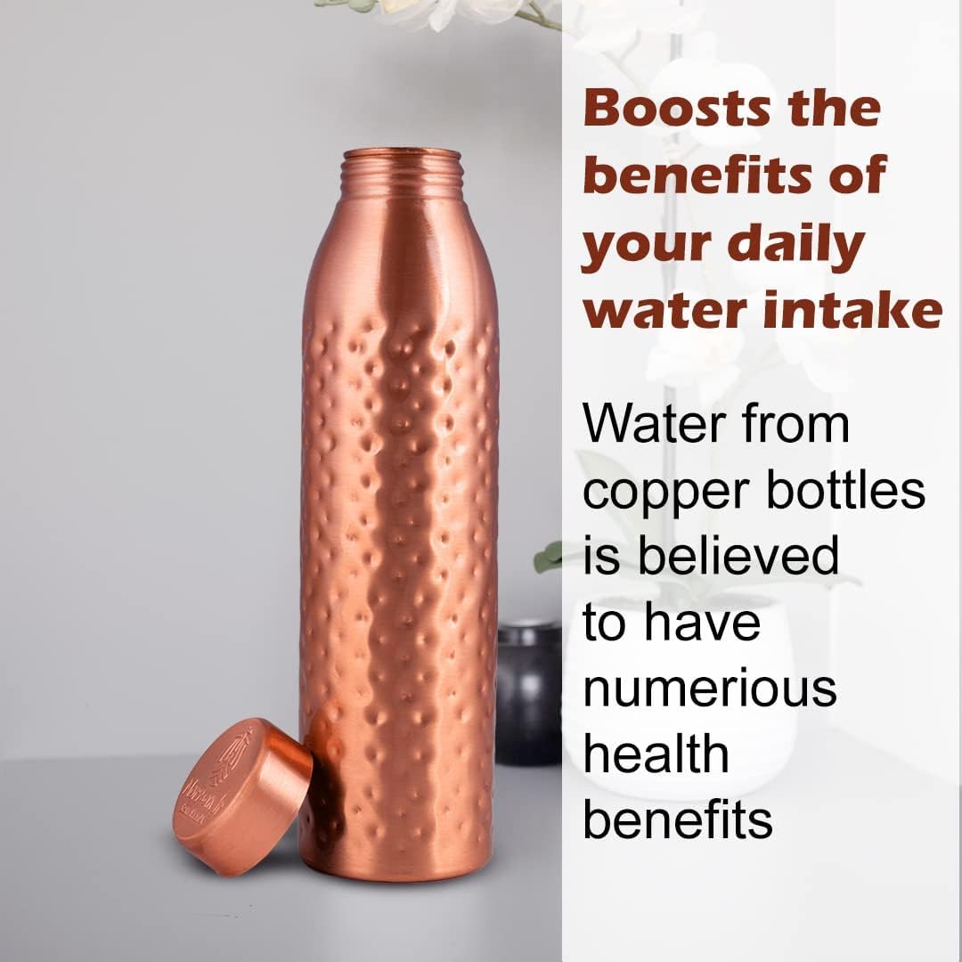 NORMAN JR, Copper Water Bottle 1L - Gift Box of 6, Hammered, an Ayurvedic vessel made from pure copper - helps you drink more water, with many health benefits