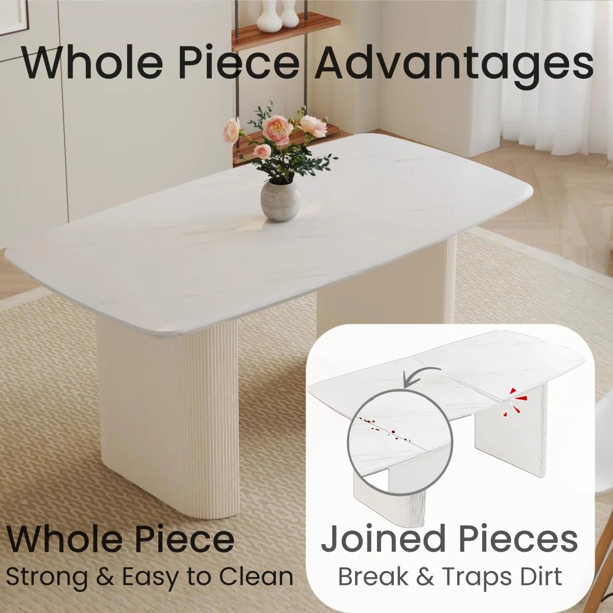 Ebullient 67'' White Dining Table Set for 4, Kitchen Table Chairs Set with Sleek Ripple Pedestal Base, Modern Dining Table Set with 4 Metal Leg Chairs, Ideal for Dining Room, Living Room, Saving Space