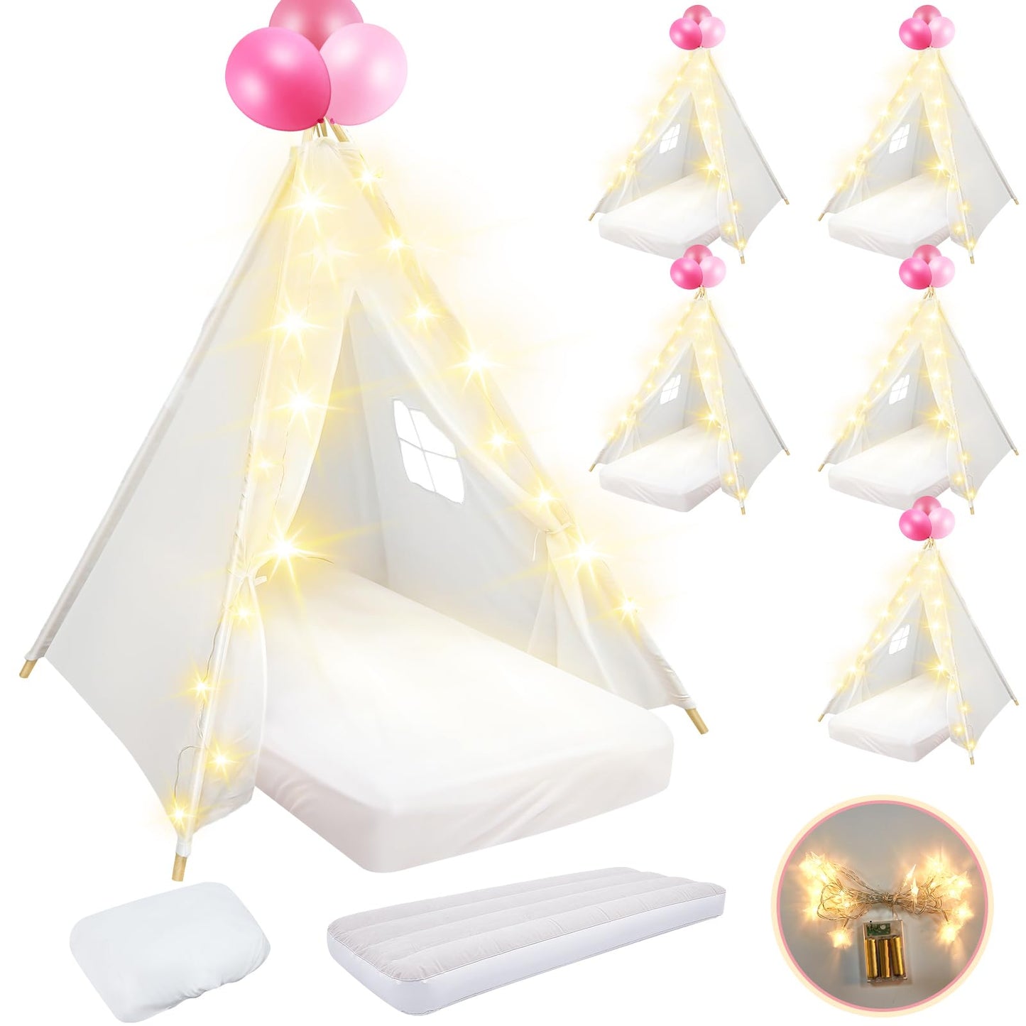 Lemosae 6 Pack Sleepovers Teepee Tent for Kids Bulk with Mattress Sheet Light,Natural Cotton Washable Indoor Play Tent for Birthday Slumber Party Girls Boys Pajama Movie Night Supplies(White)