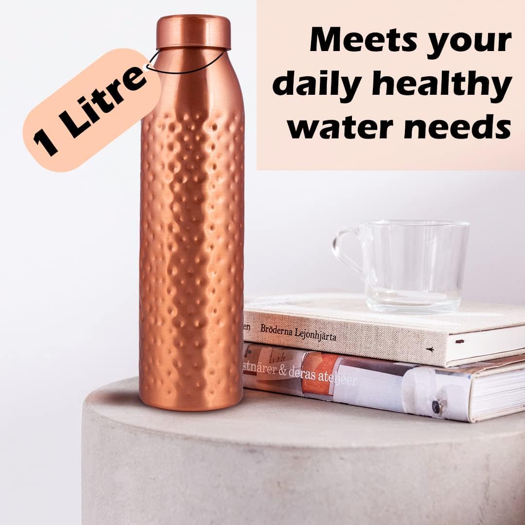 NORMAN JR, Copper Water Bottle 1L - Gift Box of 6, Hammered, an Ayurvedic vessel made from pure copper - helps you drink more water, with many health benefits