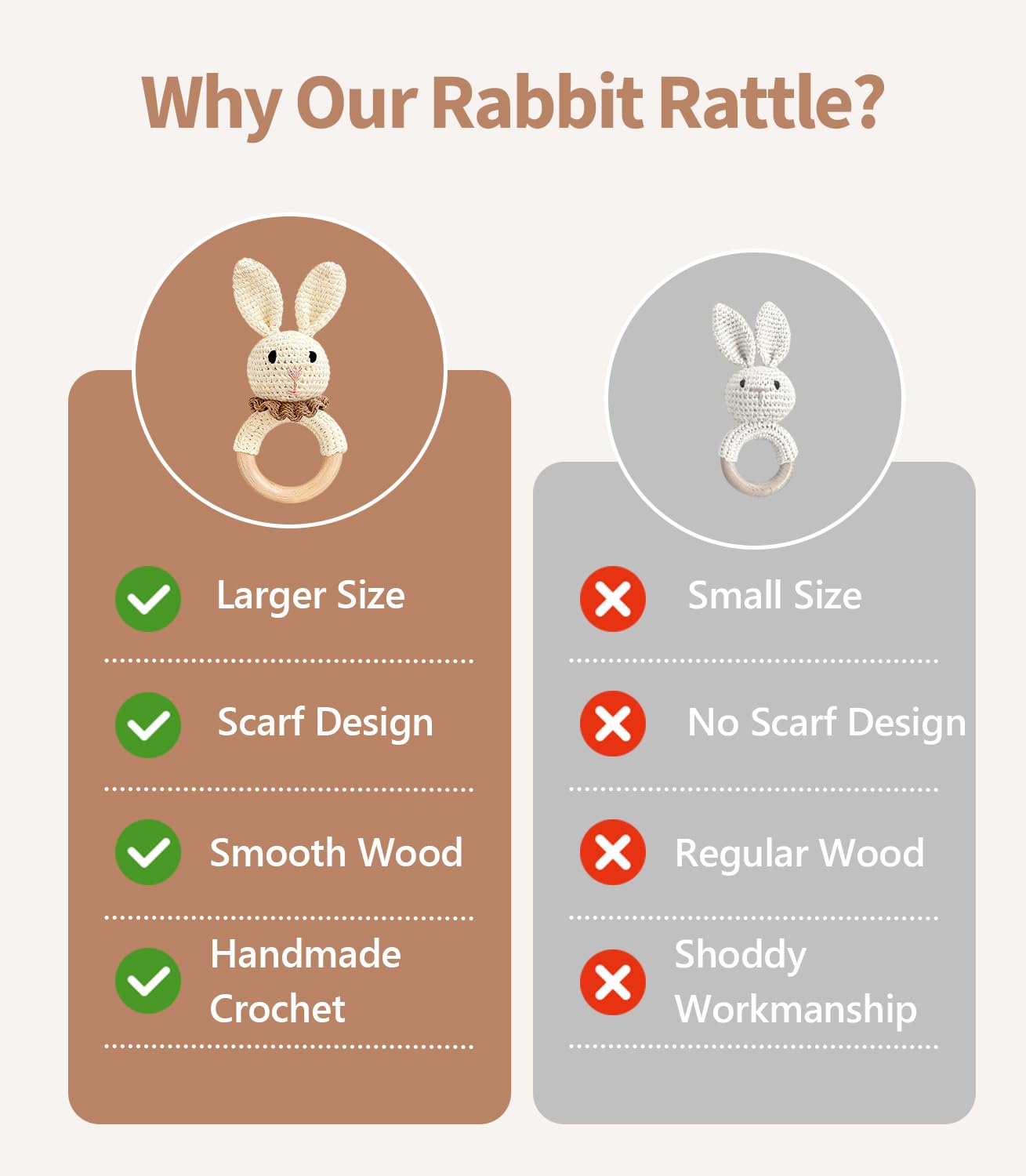 Baby Rattle Toys, Handcrafted Crochet Bunny Rattles with Wooden Teething Ring, Organic Newborn Toy Crochet Stuffed Animal Rattle Baby Announcement Ideas, Beige