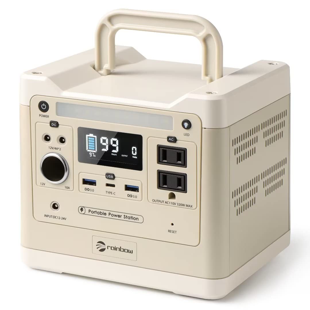 RAINBOW Portable Power Station 320W, 298Wh Backup LiFePO4 Battery, 2 x 110V/320W(Peak 640W) AC Outlets, Solar Generator for Outdoor Camping, Quick Charge for Home, Hiking