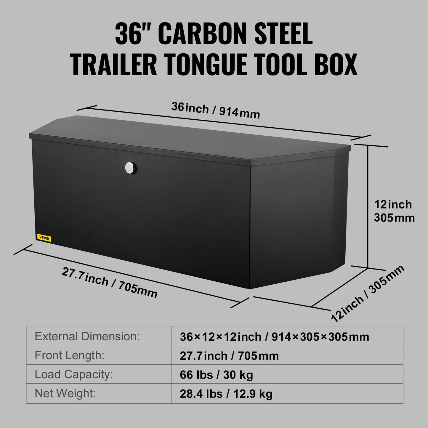 VEVOR Steel Trailer Tongue Box, 36"x12"x12" Heavy Duty Storage With Lock and Keys, Utility Tool Chest for Pickup Truck Bed, RV