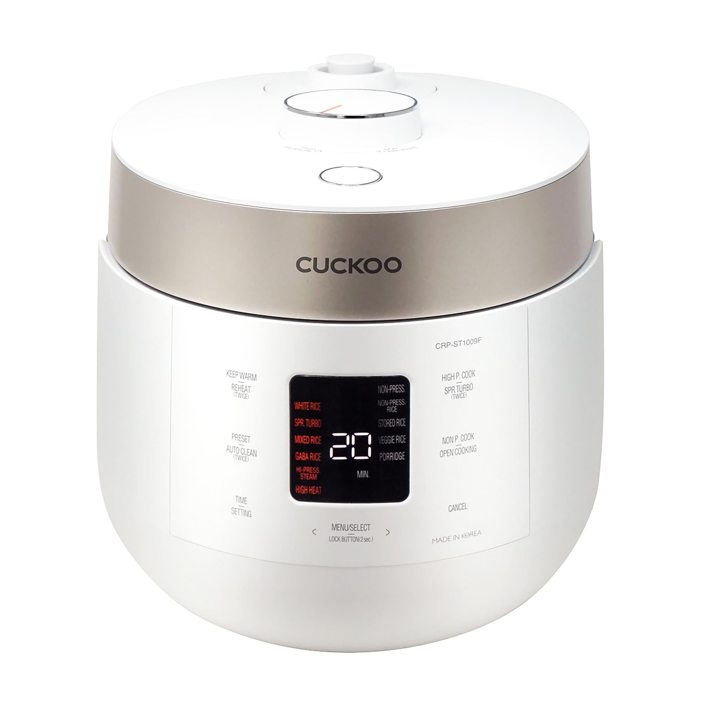 CUCKOO Twin Pressure Rice Cooker 10-Cup Uncooked / 20-Cup Cooked with Nonstick Inner Pot, Large Rice Maker & Warmer with 16 Menu Options, Open Cooking Mode, Voice Guide, White (CRP-ST1009FW)