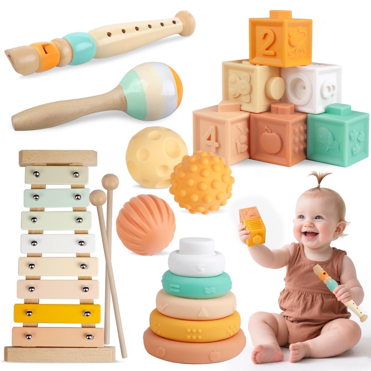 Meytccve Baby Toys Montessori Toys for Babies 1-3,Wooden Musical Instruments Toy Stacking Building Blocks,Infant Teething Toys Sensory Balls,Xylophone,Birthday Gift for Toddlers 1+ Year Old