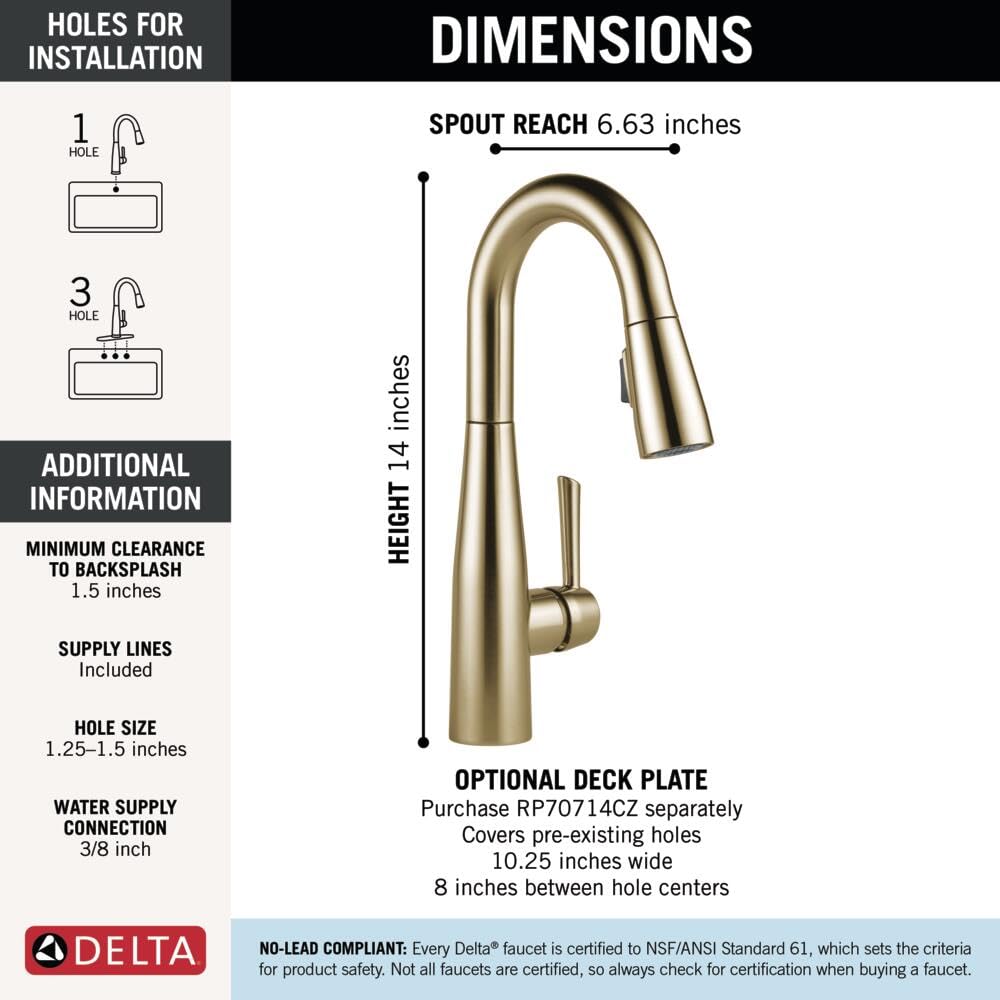 Delta Essa Brushed Gold Bar Sink Faucet with Pull Down Sprayer, Modern Single Hole Prep Sink Faucet, Single Handle, Champagne Bronze 9913-CZ-DST