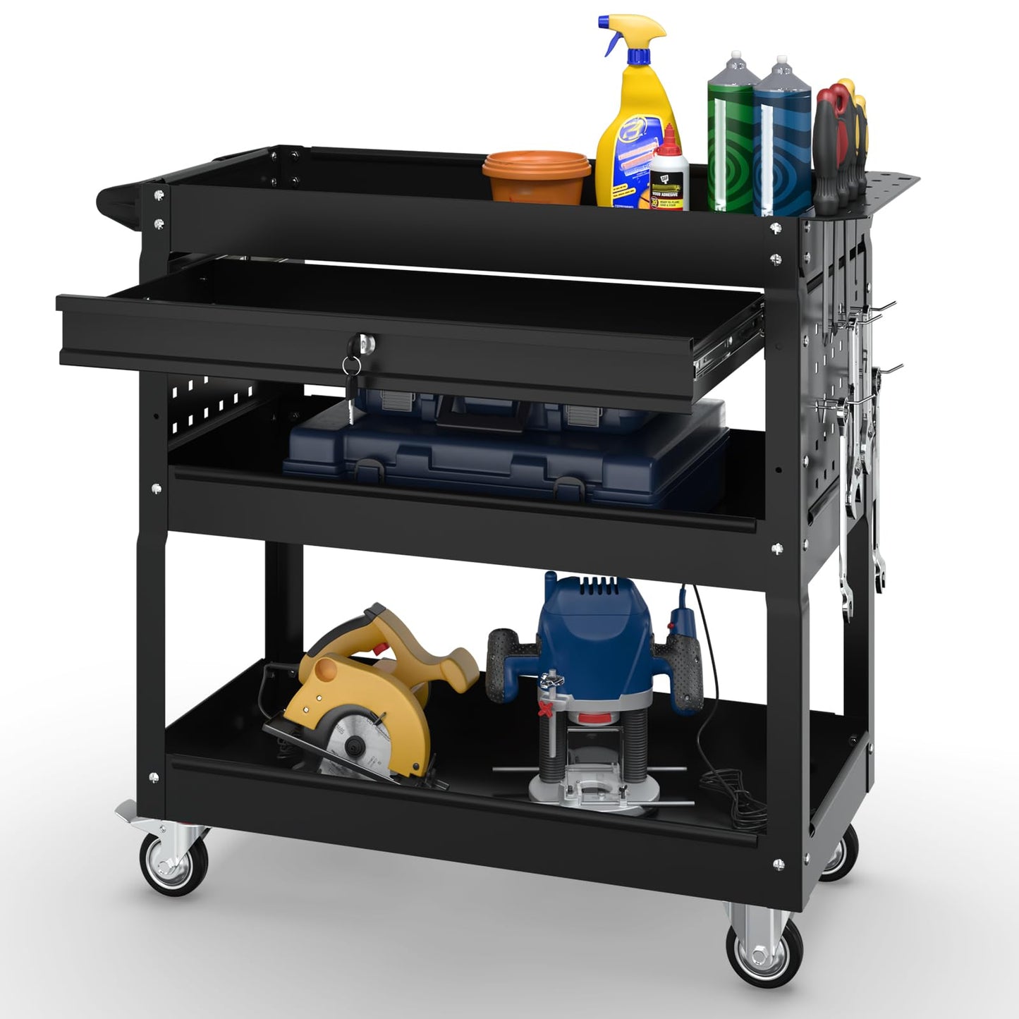 3 Tier Rolling Tool Cart on Wheels with Locking Drawer - Metal Service Cart Industrial Utility Cart for Mechanic - 350 LBS Mobile Storage Organizer for Garage, (Black)