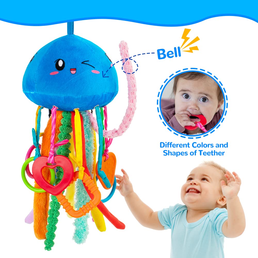 teytoy Sensory Toy, Texture Toys for Babies with Rattle, Autism Sensory Toys Jellyfish Shape Tactile Sensory Toys with 10 Textures, Baby Sensory Toys for 0-3-6-18 Months Soft Baby Toys with Teethers
