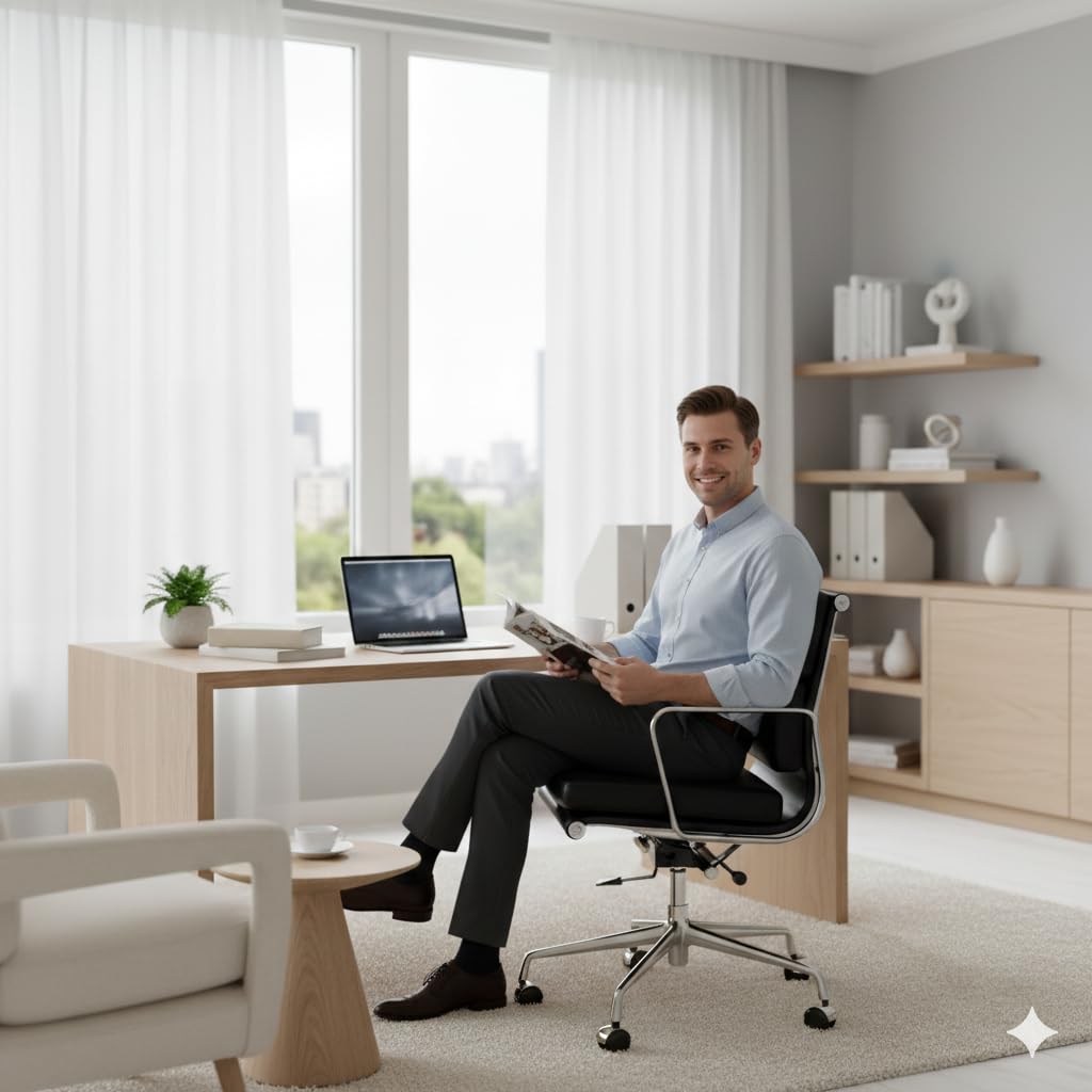 Aekinsly Top Grain Leather Mid-Back Executive Office Chair, Ergonomic Desk Chair with Aluminum Alloy Frame & 5-Star Base, Thick Plush Cushion, Lumbar Support Swivel Chair for Home Office (2, Black)