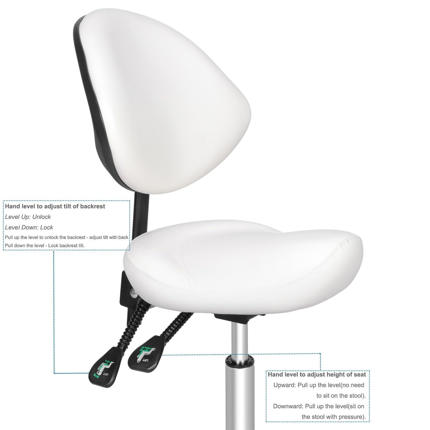 Kaleurrier Ergonomic Rolling Swivel Saddle Stool with Wheels - Hydraulic Lifting Height Adjustable Saddle Chair for Clinic Hair Salon Lab Kitchen Office Drafting Chairs (White, with Back)