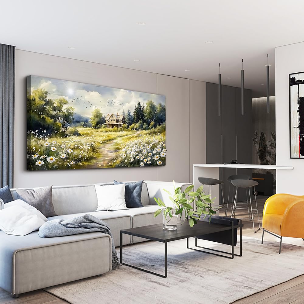 ERQINHUA Large Wall Art For Living Room Canvas Wall Decor For Bedroom Field Scenery Flower Watercolour Painting Office Decorations Stretched And Framed Wall Pictures Artwork Home Decor 30"X60"