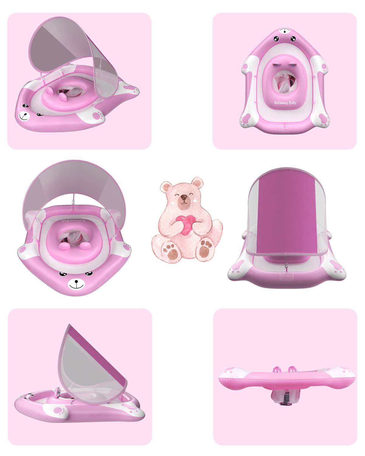 Relaxing Baby - Pool Float with Adjustable Seat Pocket,Baby Swimming Float with Canopy of UPF 50+ UV Protection, Super Safety Bear-Shaped Baby Floats for 6-36 Months,Pink Bear