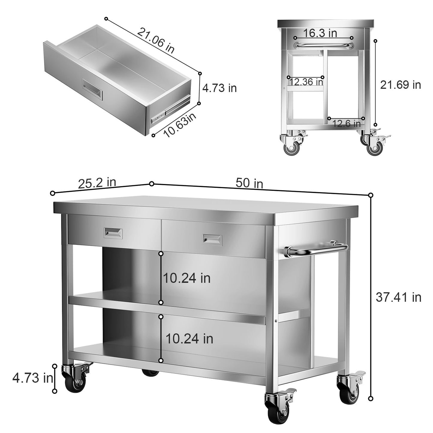 Stainless Steel Kitchen Island with Storage, Rolling Kitchen Island Cart on Wheels with 2 Drawers, Industrial Kitchen Cart, Commercial Portable Island for Kitchen, Bar, Outdoor Patio, 25 x 50 x 37 in