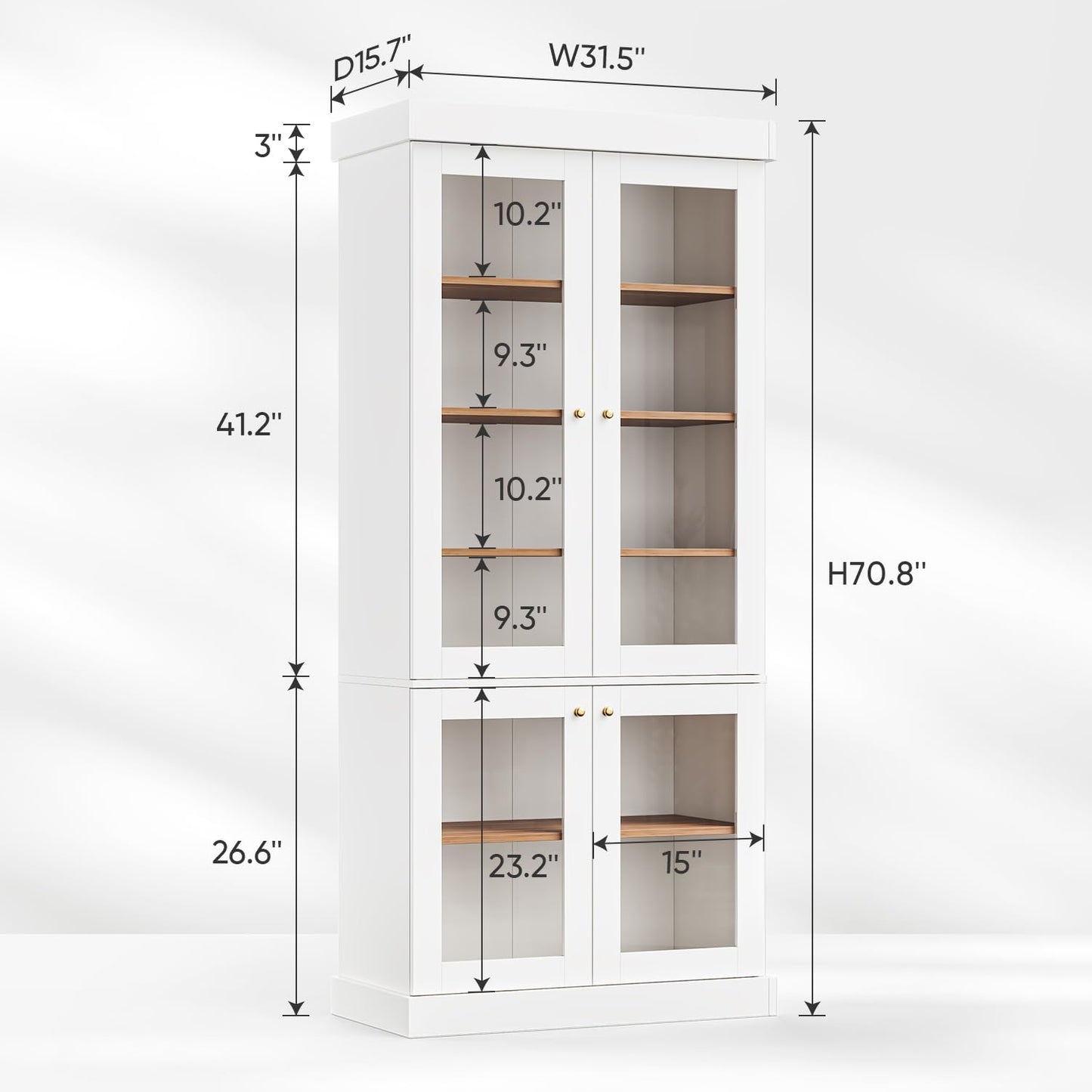 Myricore 70.8" Bookshelf with Glass Doors, Farmhouse Modular Bookcase with 6-Tier Adjustable Shelves, Large Storage Cabinet for Living Room & Home Office, Set of 2, White