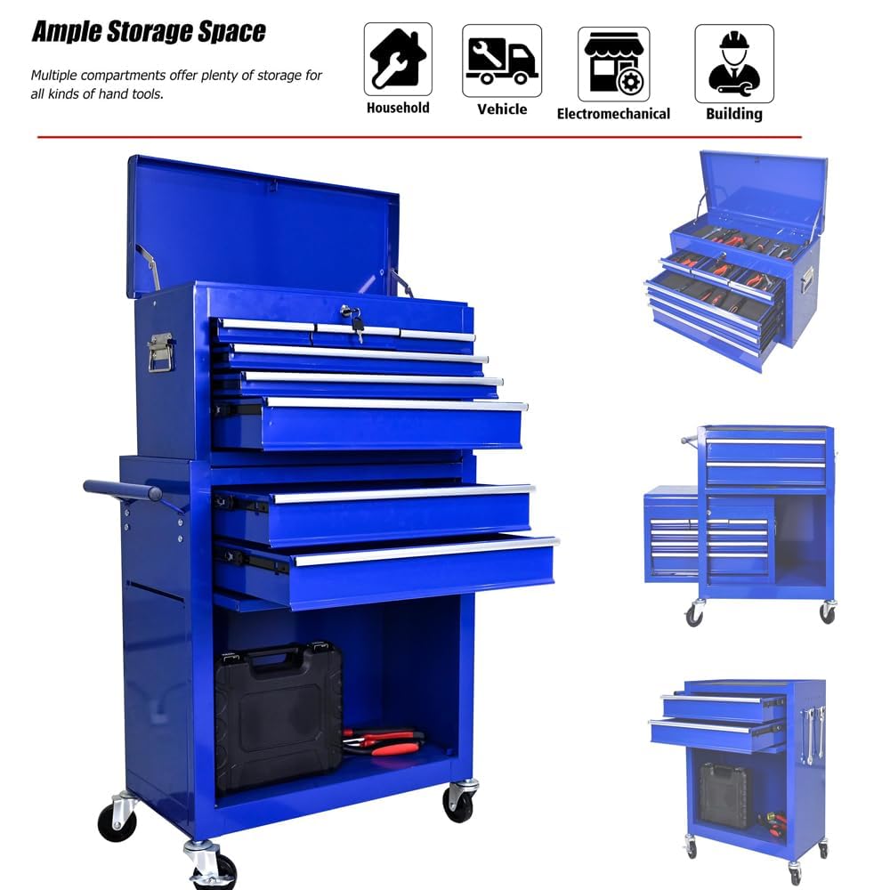 EcoExplorer 8-Drawer Rolling Tool Chest with Wheels & Detachable Top, Heavy-Duty Steel Toolbox for Garage, Workshop, or Warehouse, Includes Lockable Drawers, Hooks, Tray Dividers & Protective Liners