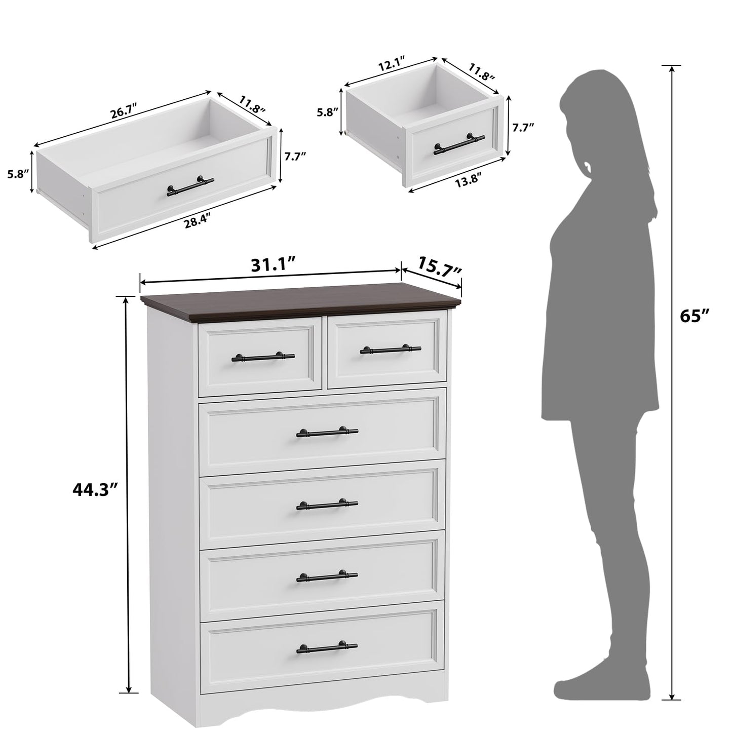 YANSNWO White Dresser for Bedroom, Farmhouse 6 Chest of Drawers, Modern 44" Tall Chest of Drawers with Brushed Metal Handle, Wood Closet Organizers and Storage Cabinet for Bedroom, Living Room