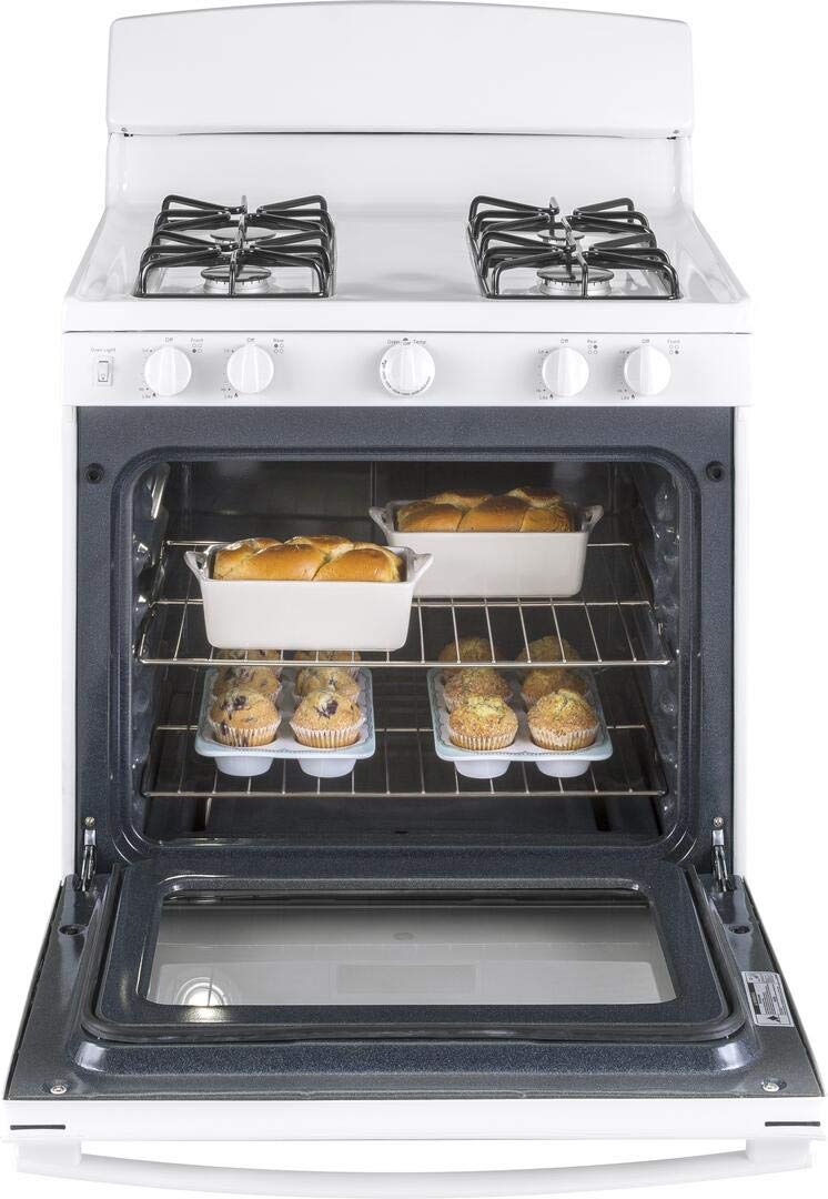 GE JGBS30DEKWW 30 Inch Freestanding Gas Range with 4 Sealed Burners, 4.8 cu. ft. Capacity, Broiler Drawer, Simmer Burner, Big View Window, LP Conversion Kit, and ADA Compliant: White