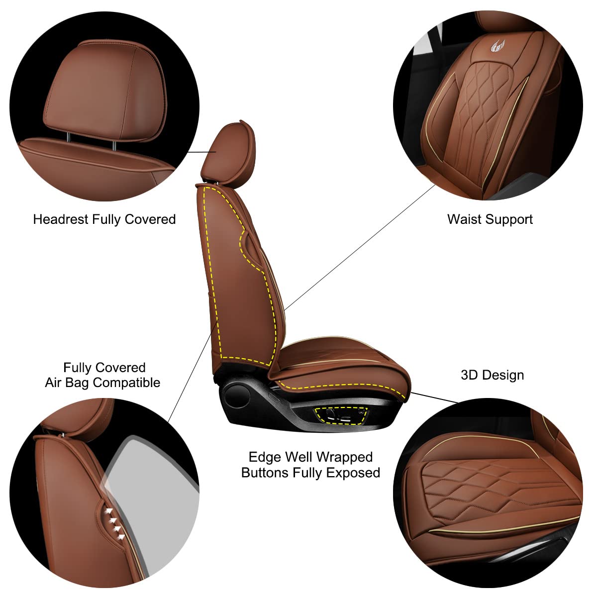 OASIS AUTO Car Seat Covers Premium Waterproof Faux Leather Cushion Universal Accessories Fit SUV Truck Sedan Automotive Vehicle Auto Interior Protector Full Set (Coffee)