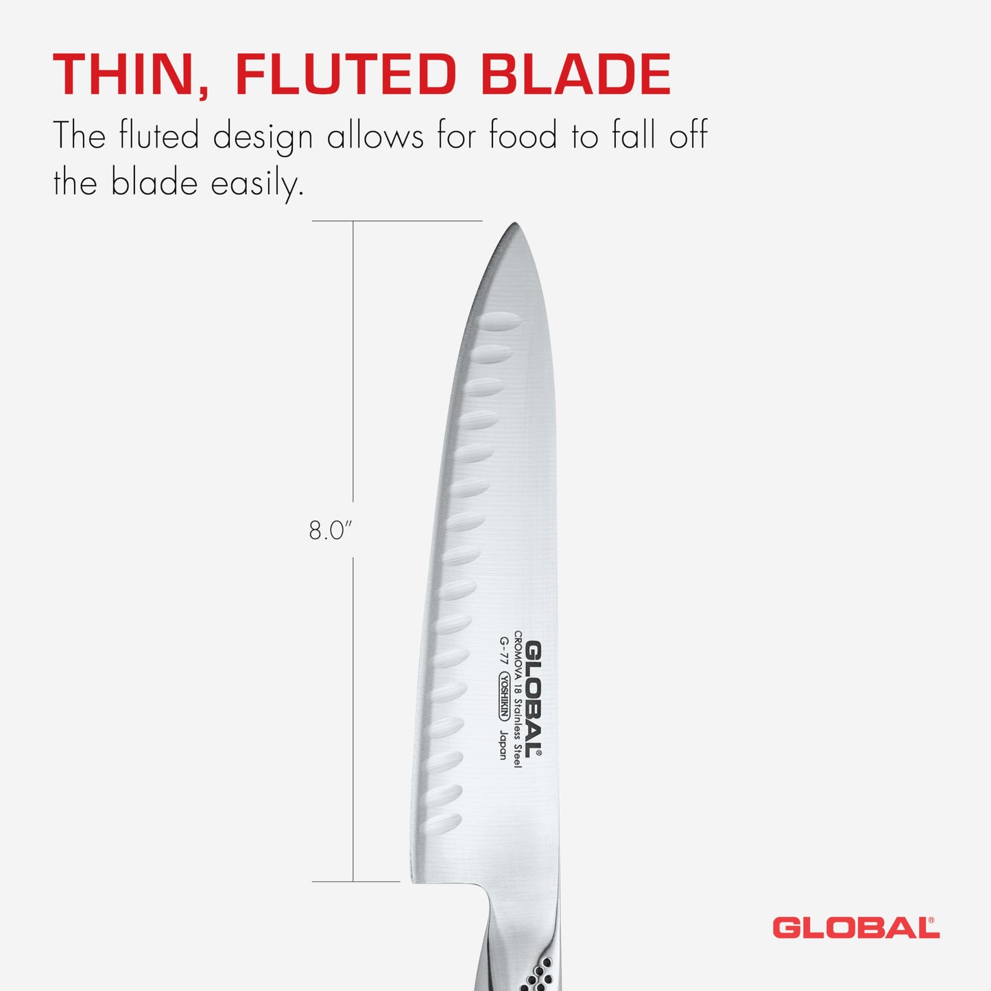 Global 8 inch Hollow Ground Chef's Knife - Lightweight Japanese Stainless Steel, Razor-Sharp Edge, Made in Japan, G-77