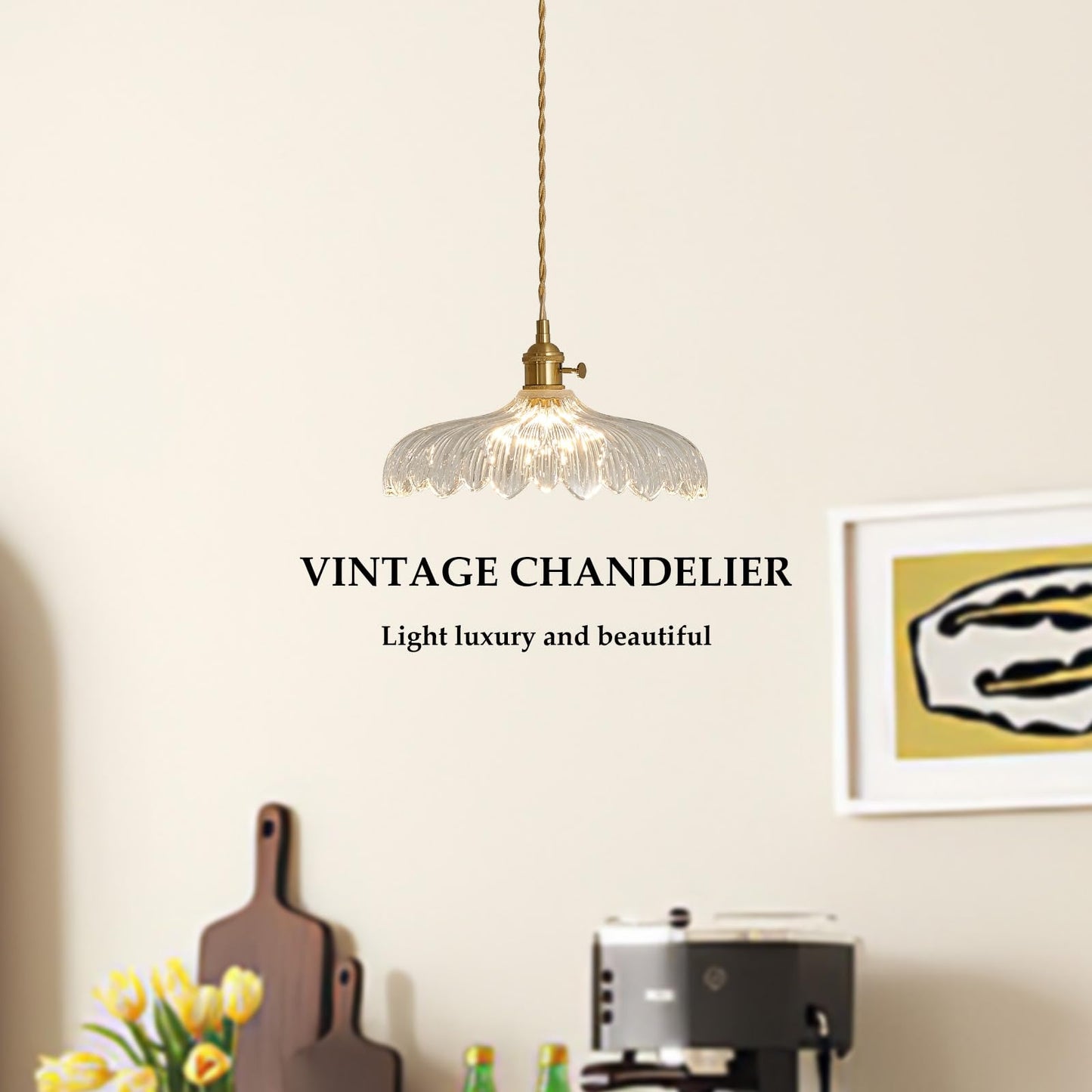 Oyisen Pendant Lights, 11.8 Inch Hanging Lamp Adjustable 6.5Ft Cord Hanging Lamp Clear Flower Glass Shade Pendant Light Fixture Hanging Pendant Lights for Bedroom