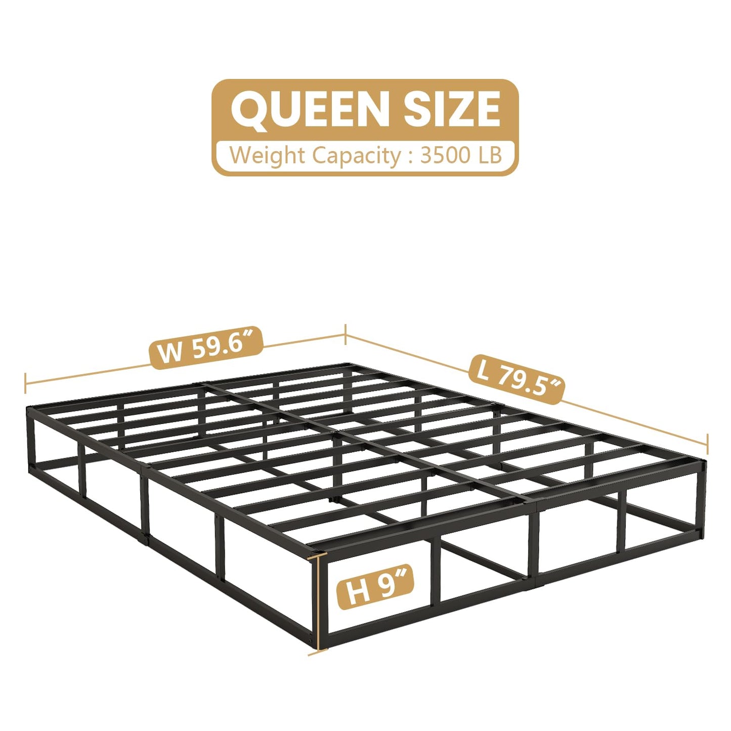NHODIR 9 Inch Box Spring Queen Size Bed Base, Heavy Duty 3000LBS Metal Bed Foundation, Noise-Free & Tool-Free Easy Assembly,Mattress Support Base for Queen Bed
