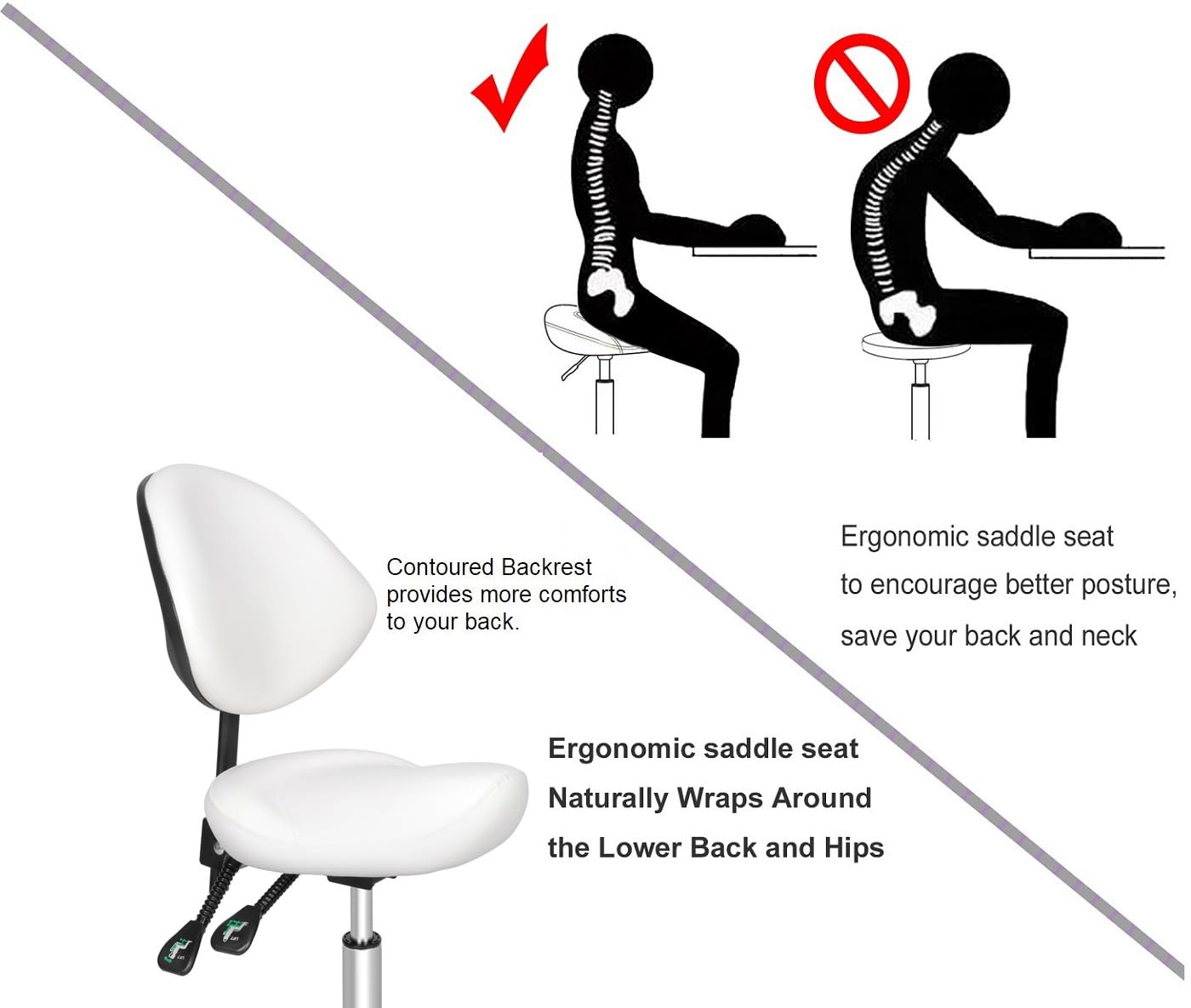 Kaleurrier Ergonomic Rolling Swivel Saddle Stool with Wheels - Hydraulic Lifting Height Adjustable Saddle Chair for Clinic Hair Salon Lab Kitchen Office Drafting Chairs (White, with Back)