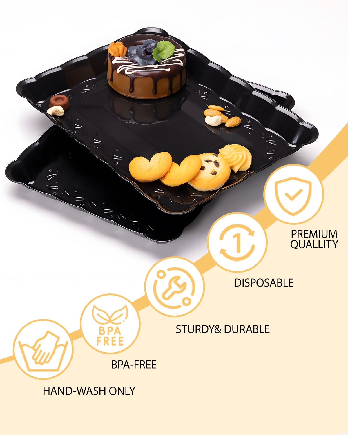 BESTVIP Black Plastic Serving Trays -12 Pack 9x13 Rectangle Flower - Edged Platters for Events, Weddings, Daily Meals, Parties, Snacking, Crafting & Pet Feeding