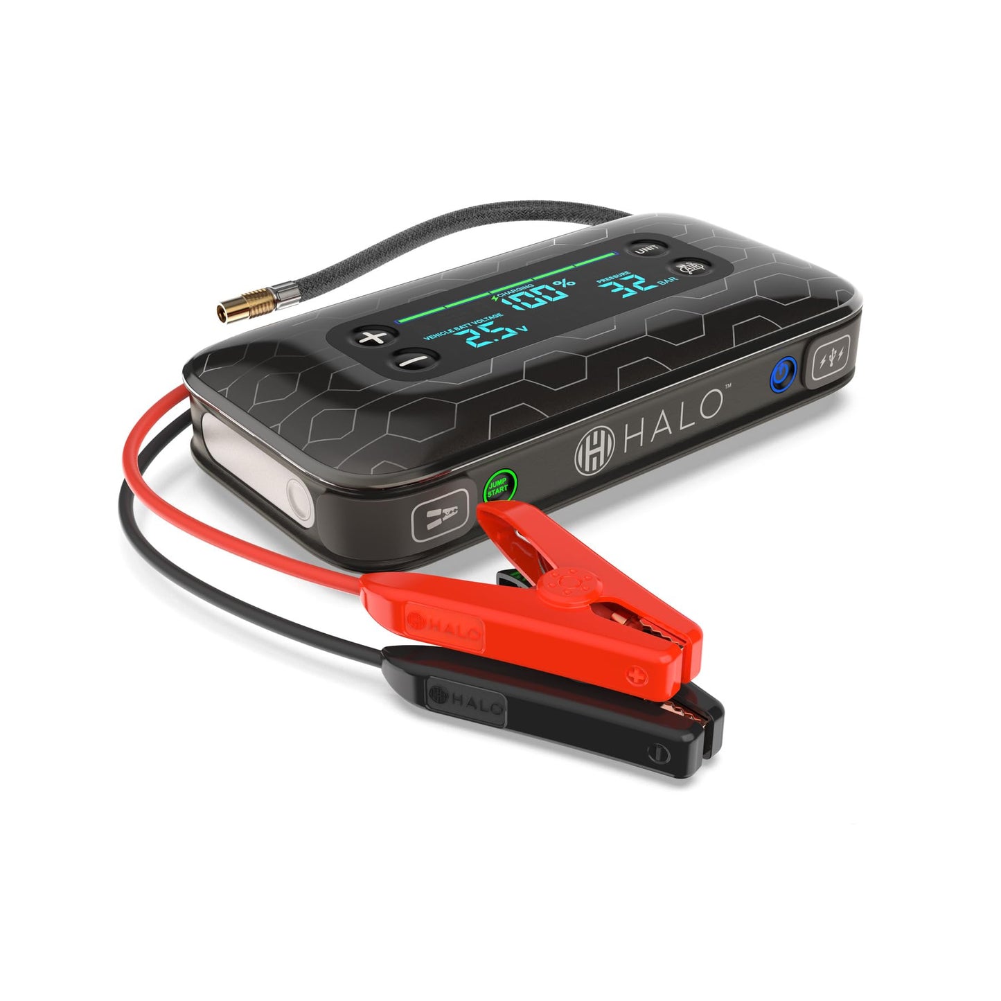 HALO Bolt Air+ 1750 Portable Car Battery Jump Starter | 130 PSI Air Compressor, 59.9Wh USB Power Bank, Large Display, Emergency Floodlight & Charger, Jumps Cars SUVs & Trucks, Inflates Tires — Black
