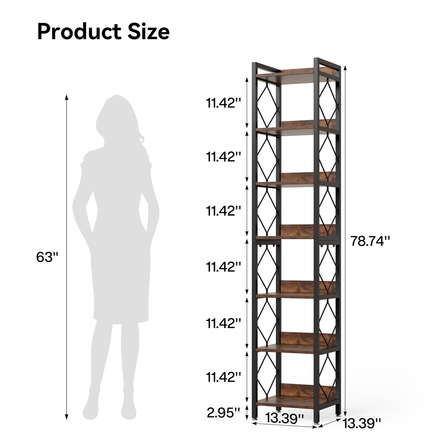 LITTLE TREE Book Shelf Set of 2, 7-Tier Tall Bookcase, Wooden Display Shelves with Metal Frame for Living Room, Modern Narrow Standing Bookshelves for Bedroom, Brown Office Shelf for Small Spaces