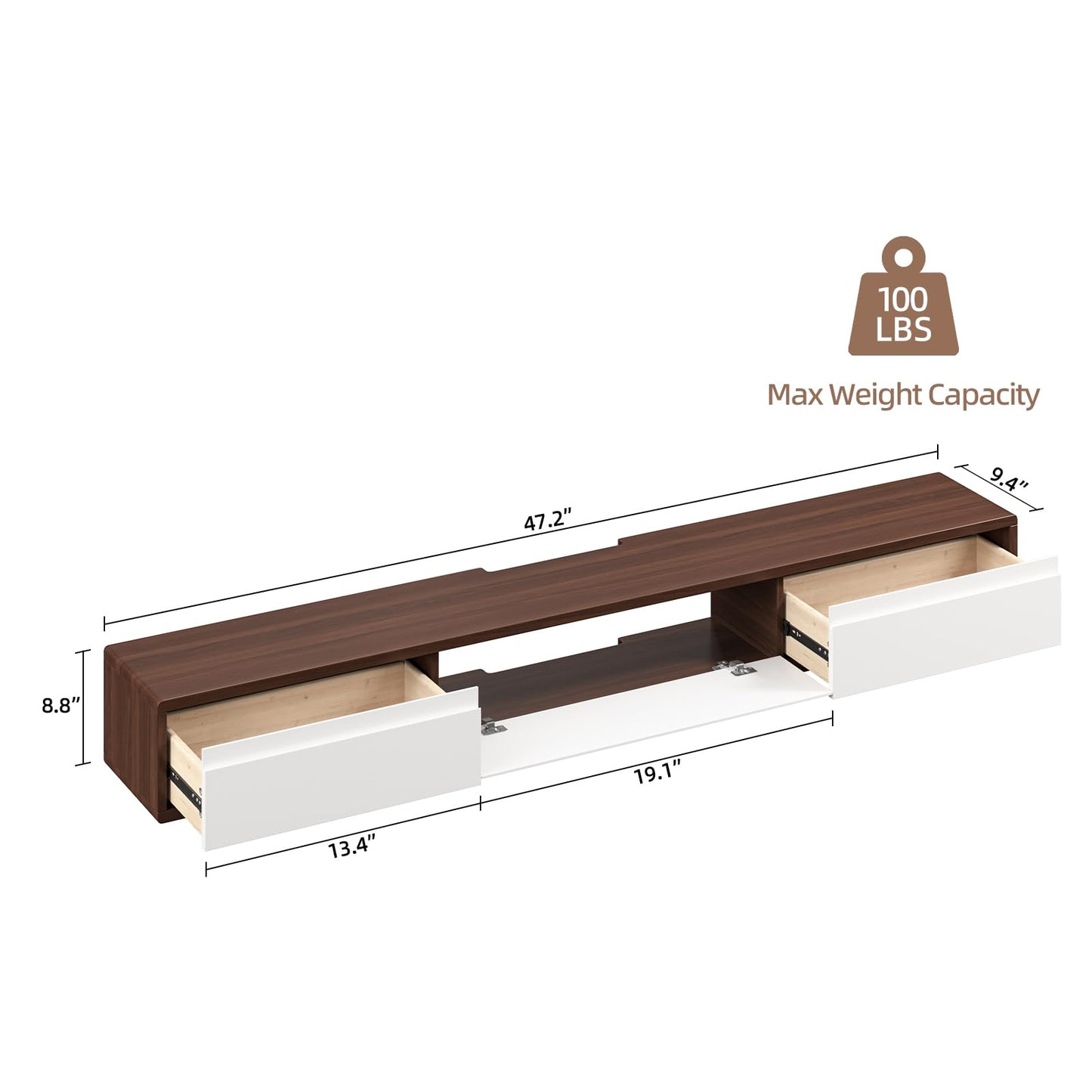 FurniNova Fully Assembled Floating TV Stand,High Gloss Wall Mount TV Console with 3 Doors, Under TV Shelf Entertainment Center for Living Room Bedroom,Walnut+White 47IN