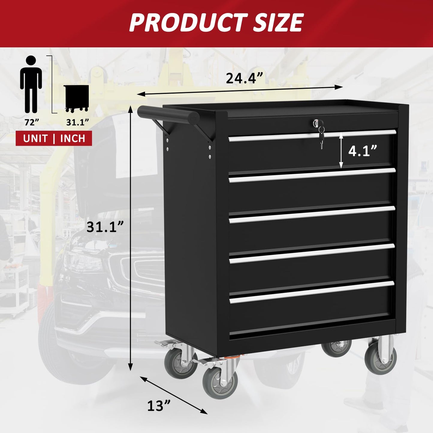 Kieperi 5-Drawers Rolling Tool Chest, Tool Chest with Wheels and Drawers, Rolling Box with Locking System, Tool Box with Wheels for Garage, Warehouse, Workshop (Black, 5 Drawers)