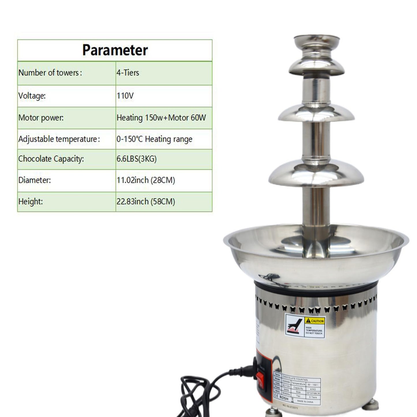 PreAsion Chocolate Fountain 110V Electric 4-Tiers Digital Chocolate Fountain Melting Machine Heating Fondue Fountain,3kg of chocolate