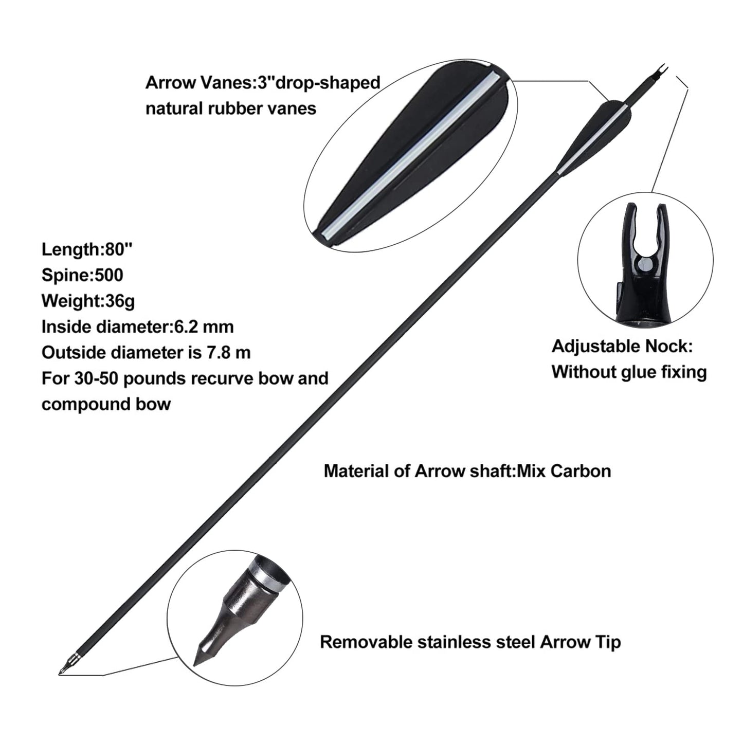 TOPARCHERY 60'' Archery Recurve Bow Takedown Bow Hunting Bow and Arrow Set Adult Target Practice Competition Survival Longbow Right Hand 30-50lbs with 6pcs Fiberglass Arrows (50lbs)