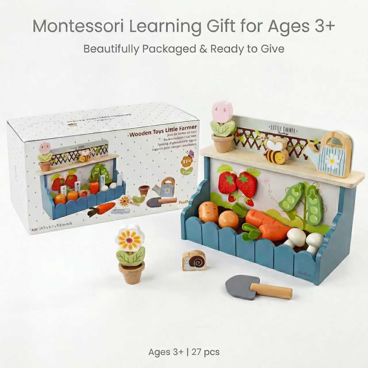 PairPear Montessori Wooden Vegetable Matching Toy – Play Food Garden Set for Toddlers 3+, Preschool Learning Sorting & Farm Pretend Play, Farm Food Recognition & Fine Motor Skills Development