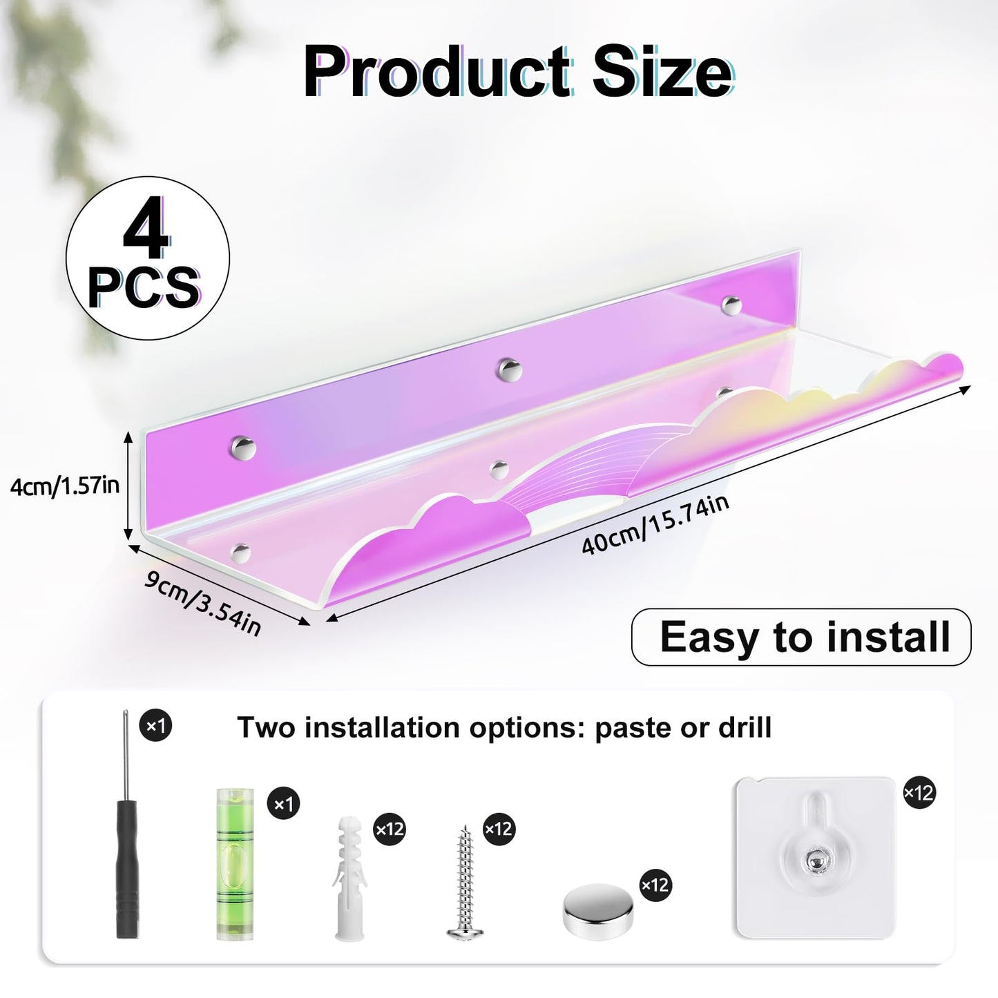 wooshwa Iridescent Rainbow Acrylic Floating Shelves,15in Kids Wall Mounted Nursery Bookshelves, Display Ledge for Books Toys Cosmetic, Bathroom Bedroom Living Room Wall Decor and Storage, 4 Pack