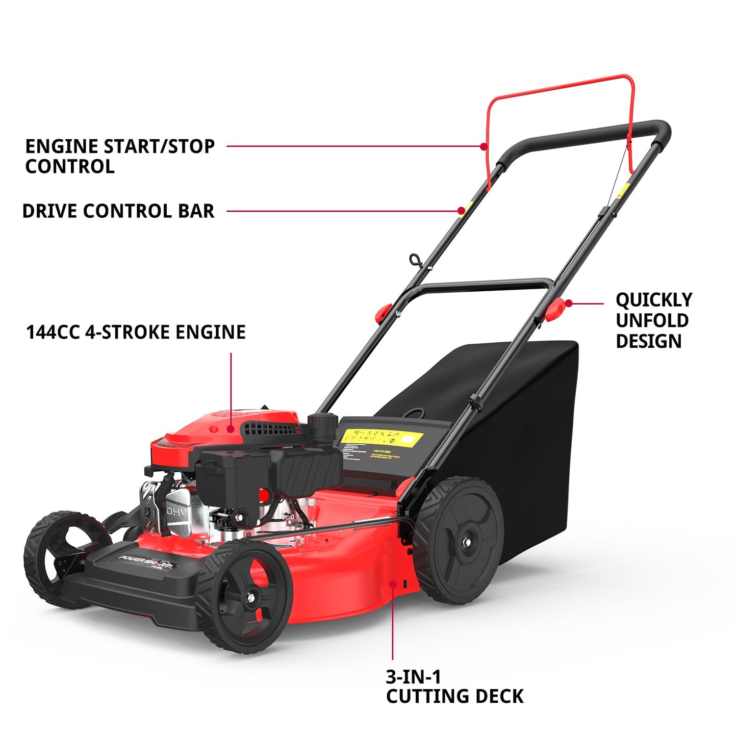 PowerSmart Gas Lawn Mower 21-Inch 144cc OHV Engine 3-in-1 Push Mower with Bagging