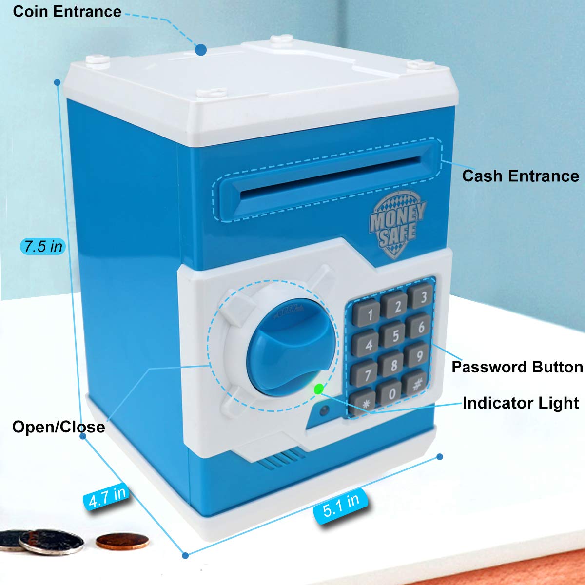 Yoego Kids Money Bank, Electronic Piggy Banks, Great Gift Toy for Kids Children, Auto Scroll Paper Money Saving Box Password Coin Bank,Perfect Toy Gifts for Boys Girls (Blue White)