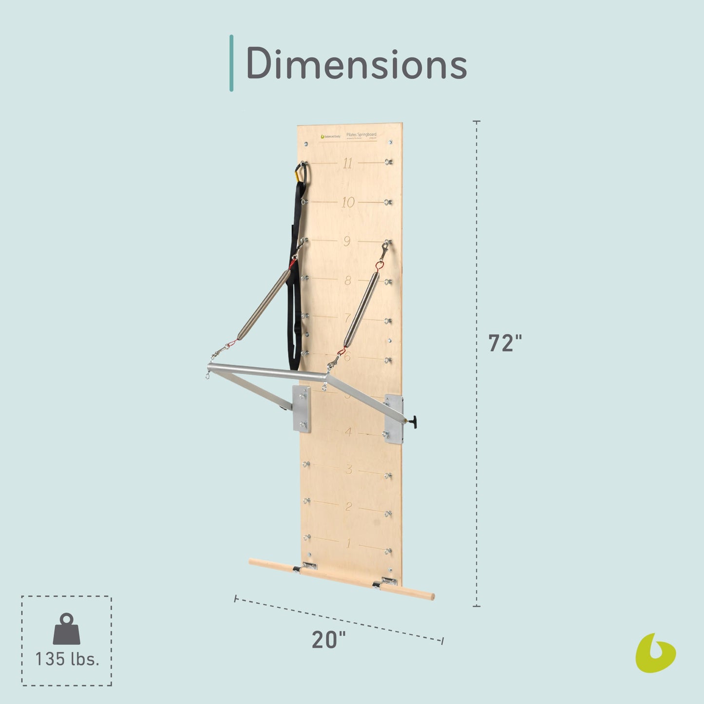 Balanced Body Pilates Springboard and Push-Through Bar, Wall-Mounted Pilates Workout Equipment for Home Gym or Studio Use, Pilates Exercise Equipment with Medium Resistance Springs