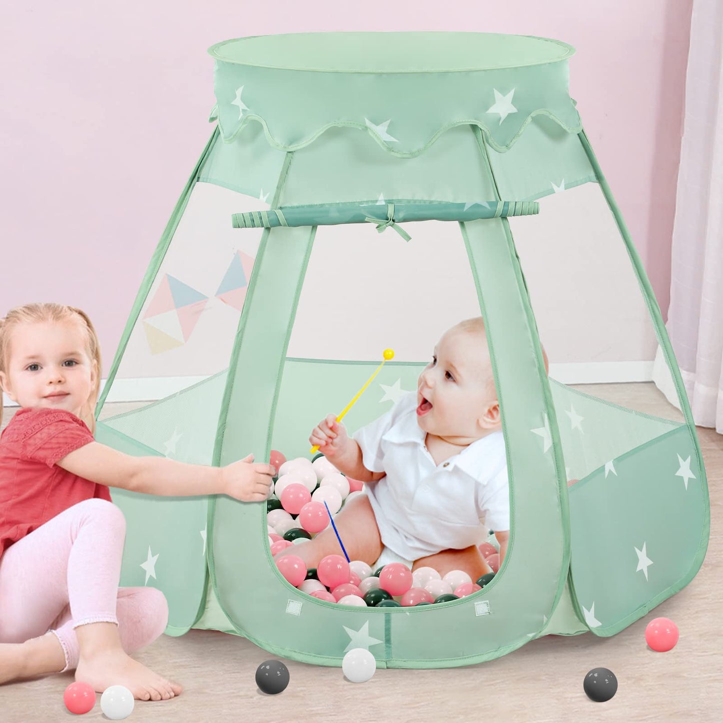Wilhunter Baby Ball Pit for Toddler with 150 Balls, Kids Pop Up Play Tent for Girls, Princess Toys for Children Indoor & Outdoor Playhouse with Carry Bag (Celadon: Pink/White/Gray, 109x90cm/150 Balls)