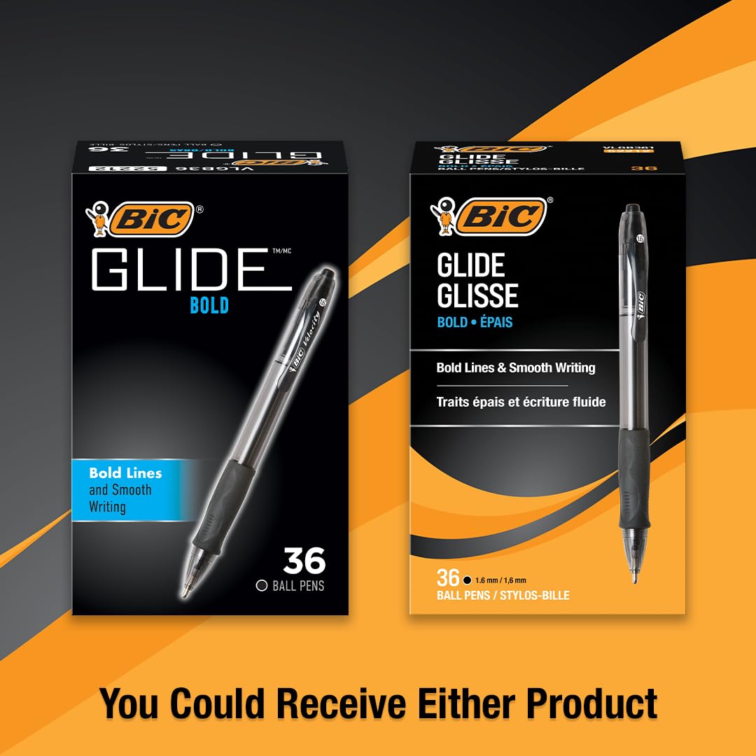 BIC Glide Bold Black Ballpoint Pens, Bold Point (1.6mm), 36-Count Pack, Retractable Ballpoint Pens With Comfortable Full Grip