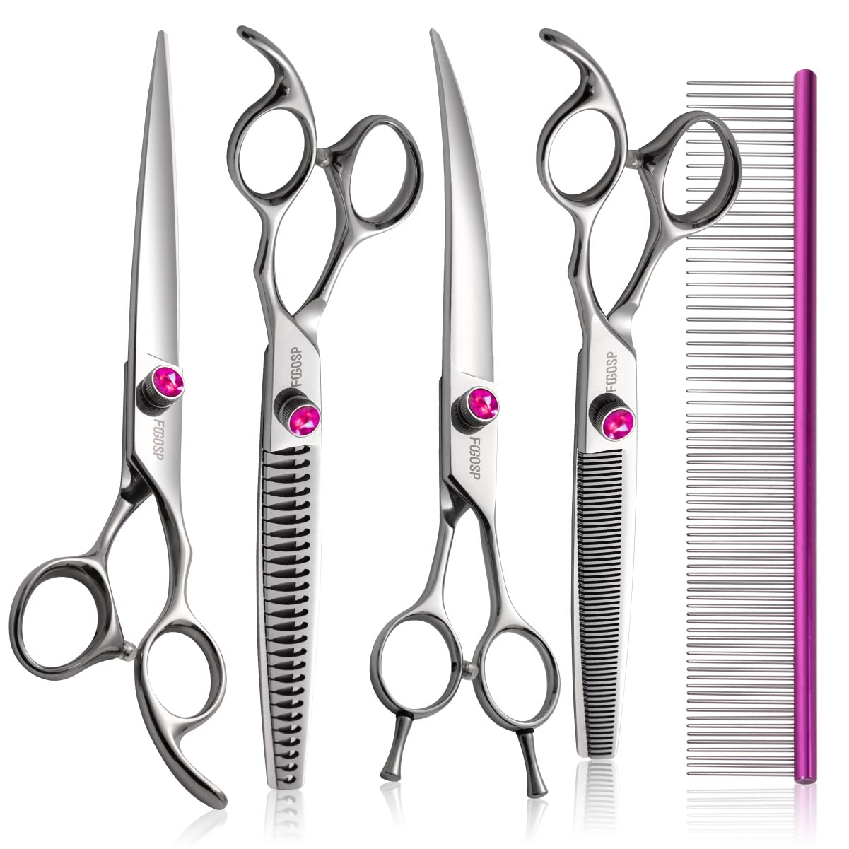 FOGOSP Dog Grooming Scissors Kit 7 in Professional Curved Thinning Straight Chunkers Shears and Comb 5pcs Set for Grooming Dogs Cat Pet Japanese 440C Stainless Steel(7.0'',Kit)