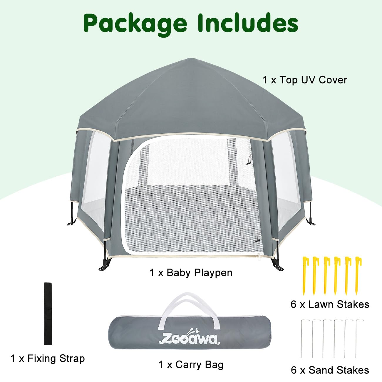 Zooawa Pop Up Playpen for Baby, 150*100 cm(L*H) Playpen for Babies and Toddlers with Removable Sun-Shades& 2 Side UV Covers, Lightweight Outdoor Baby Play pen for Beach Home with Travel Bag,Light Gray