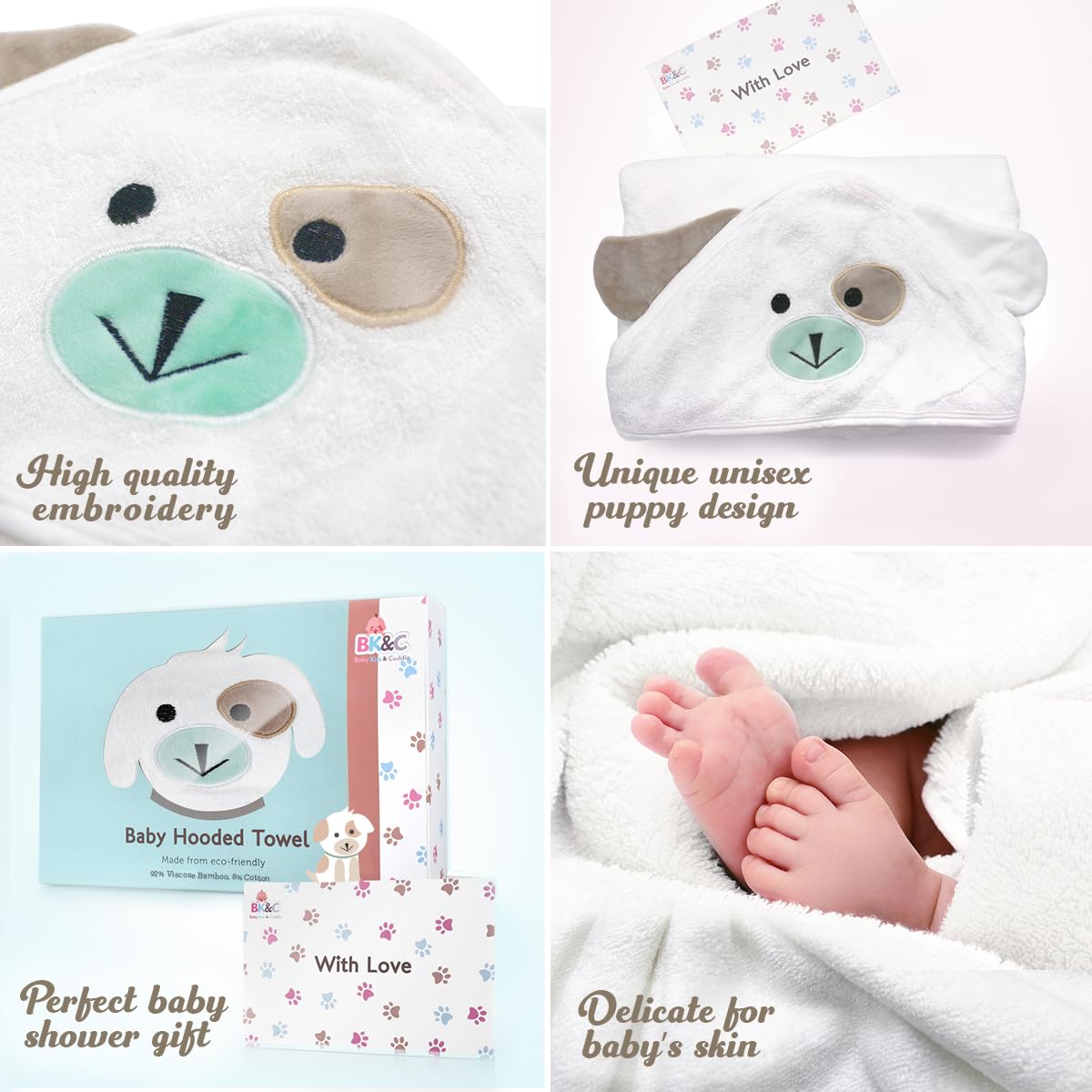 Baby Towels with Hood - Soft, Absorbent Viscose Made of Bamboo, Extra Large 35 x 35 Inches, for Newborns, Infants, Boys and Girls, White